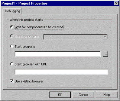 The Debugging tab of the Project Properties dialog box in Visual Basic 6.0