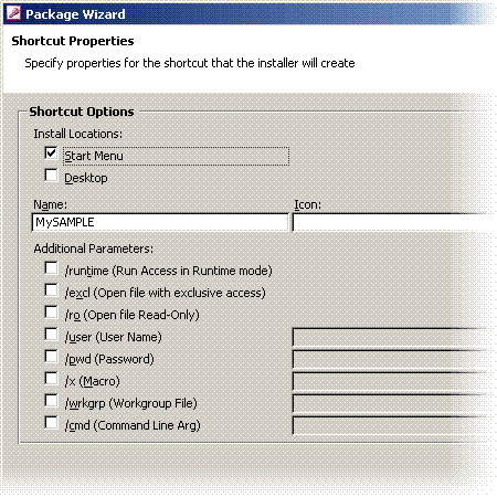The Shortcut Properties page of the Package Wizard