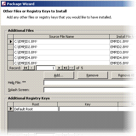 The Other Files or Registry Keys to Install page of the Package Wizard