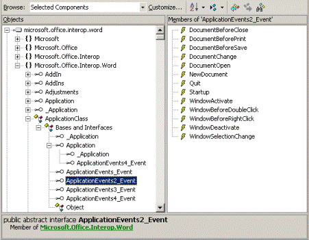 Object browser showing event interfaces