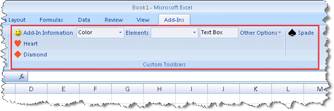 The Custom Toolbars section of the Ribbon
