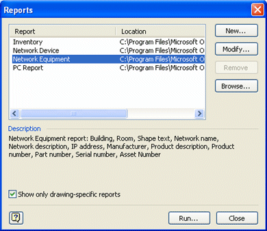 The Reports dialog box: create, run, or modify