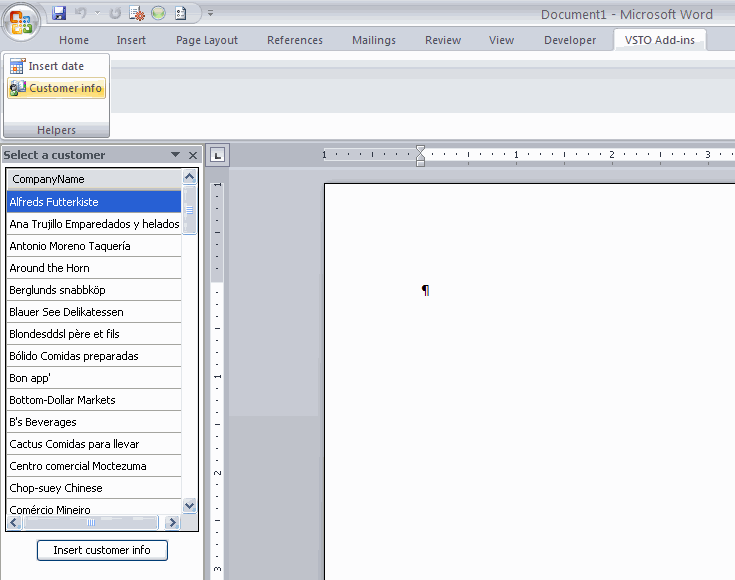 The Select a customer custom task pane