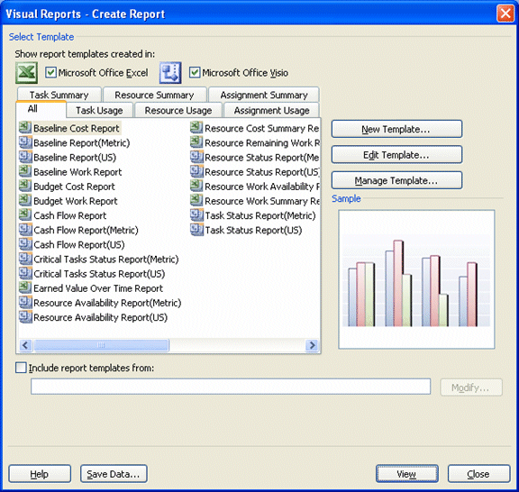 The Visual Reports dialog box