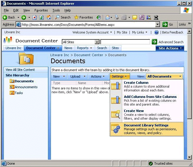 Selecting document library settings