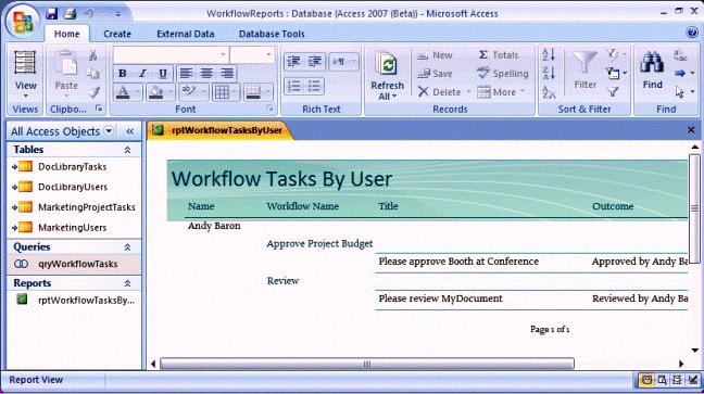 Grouping data by user and workflow in a report