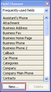 Click New in the Field Chooser dialog box to create a new user-defined field for the Contact form and the Contact folder.