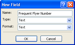 Type Frequent Flyer Number as the Name to create the field as a custom text field.