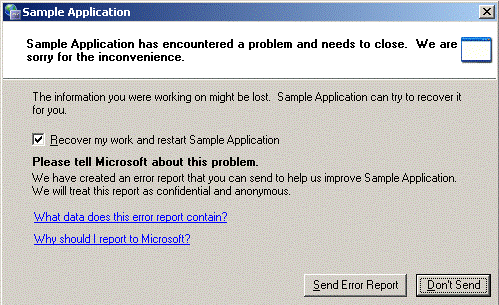 Sample Application error message, connected