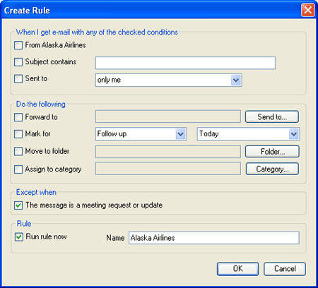 Outlook custom Create Rule dialog box