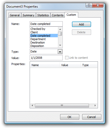Custom document properties tab