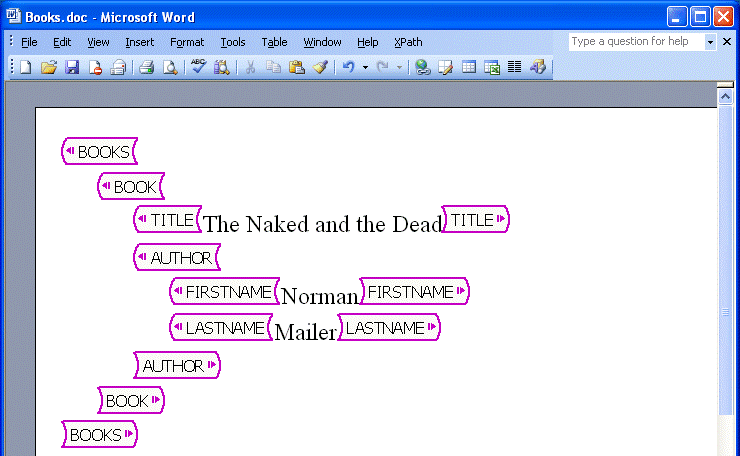 Nested XML elements in Word document