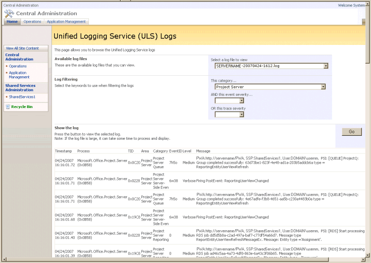 Log Viewer add-in for SharePoint showing ULS log