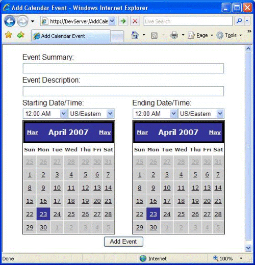 Add Calendar Event Web Form