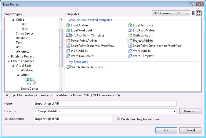 Creating a VSTO project in Visual Studio 2008