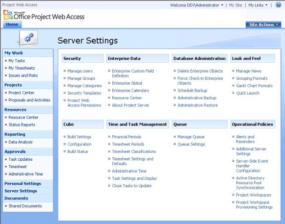 Server Settings page