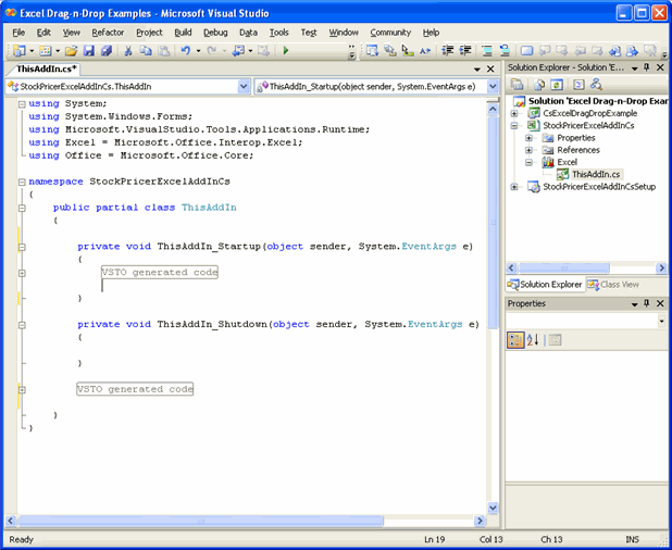 The Excel add-in project in Visual Studio 2005