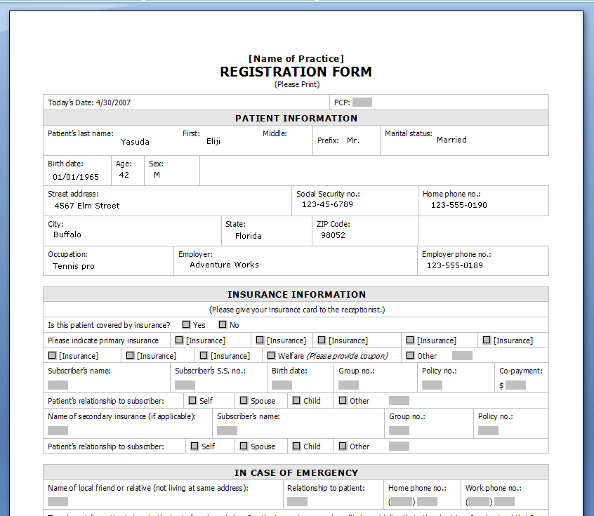 Sample patient registration form