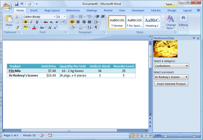 Using task pane to insert data into a document