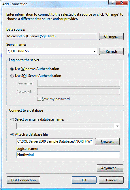 Setting up connection to Northwind database