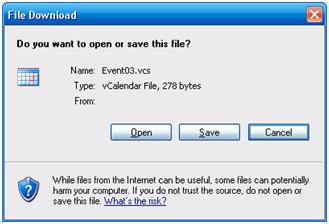 File Download dialog box for the vCalendar file