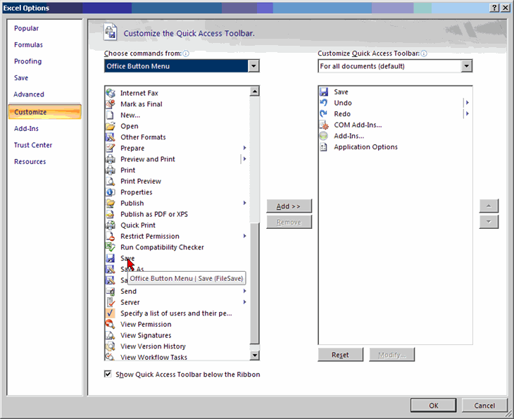 Hover over item in Customize dialog to get idMso