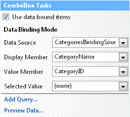 Set the binding properties of the ComboBox control