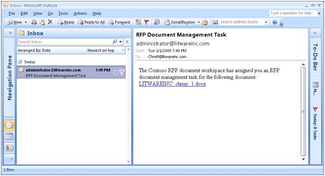Assigned RFP document in Outlook