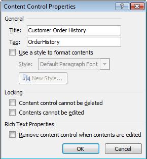 Content Control Properties dialog box