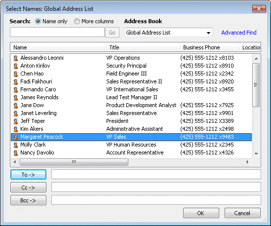 Select Names dialog box displaying the GAL