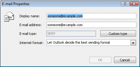 Details dialog box for an SMTP AddressEntry object