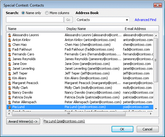 Select Names dialog box displaying Contacts