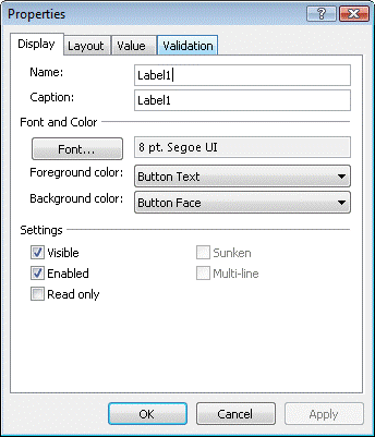 Properties window with the Display tab selected