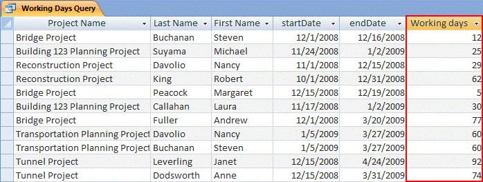Working days query screen shot