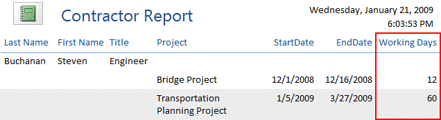 Contractor report screen shot