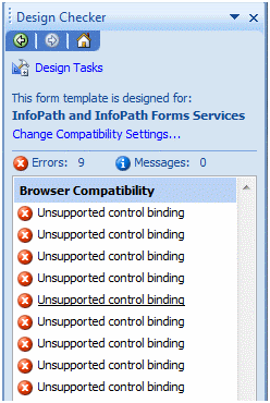 Design Checker unsupported control binding errors
