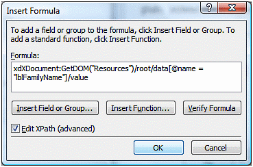 Entering the formula to display resource string
