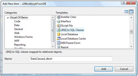 Select the LINQ to SQL classes template