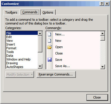 Customize dialog box
