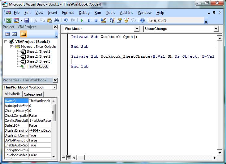 Visual Basic Editor with SheetChange event handler