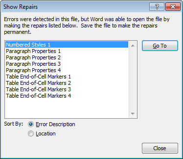 The Show Repairs dialog box