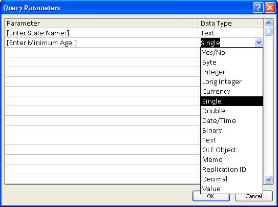 Query Parameters dialog box