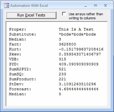 Sample form frmTestExcel after the tests run