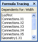 Formula tracing window showing list of cells with dependency on the Width cell.