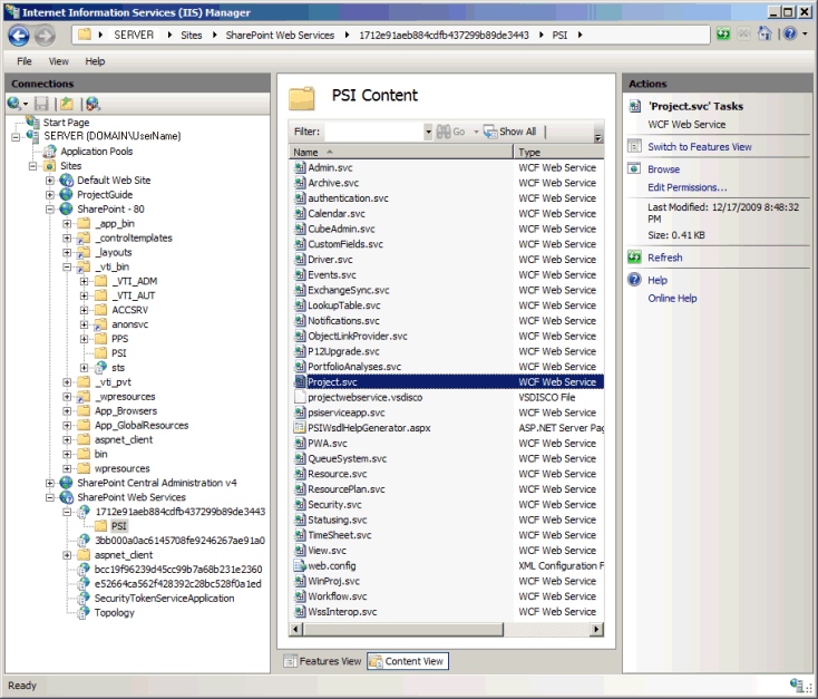 Location of the PSI Web services in IIS Manager