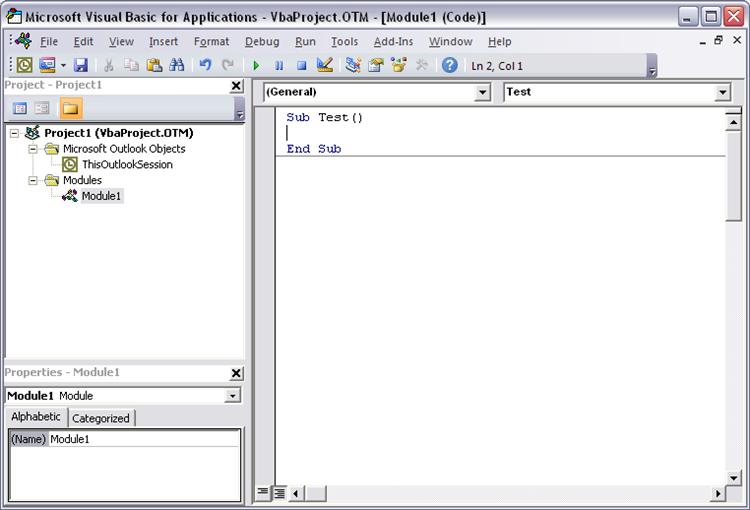 Test macro in the Visual Basic Editor