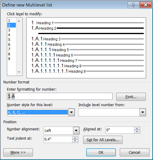 Define new multi-level list dialog box 2