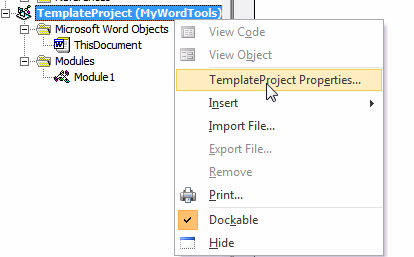 Selecting project properties pop-up menu item