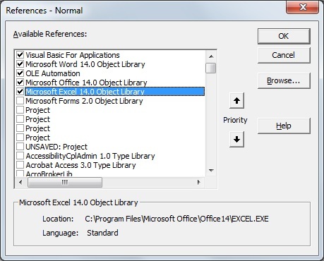 Visual Basic Editor References dialog box