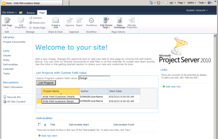 Using the ListProjects Web Part in a project site